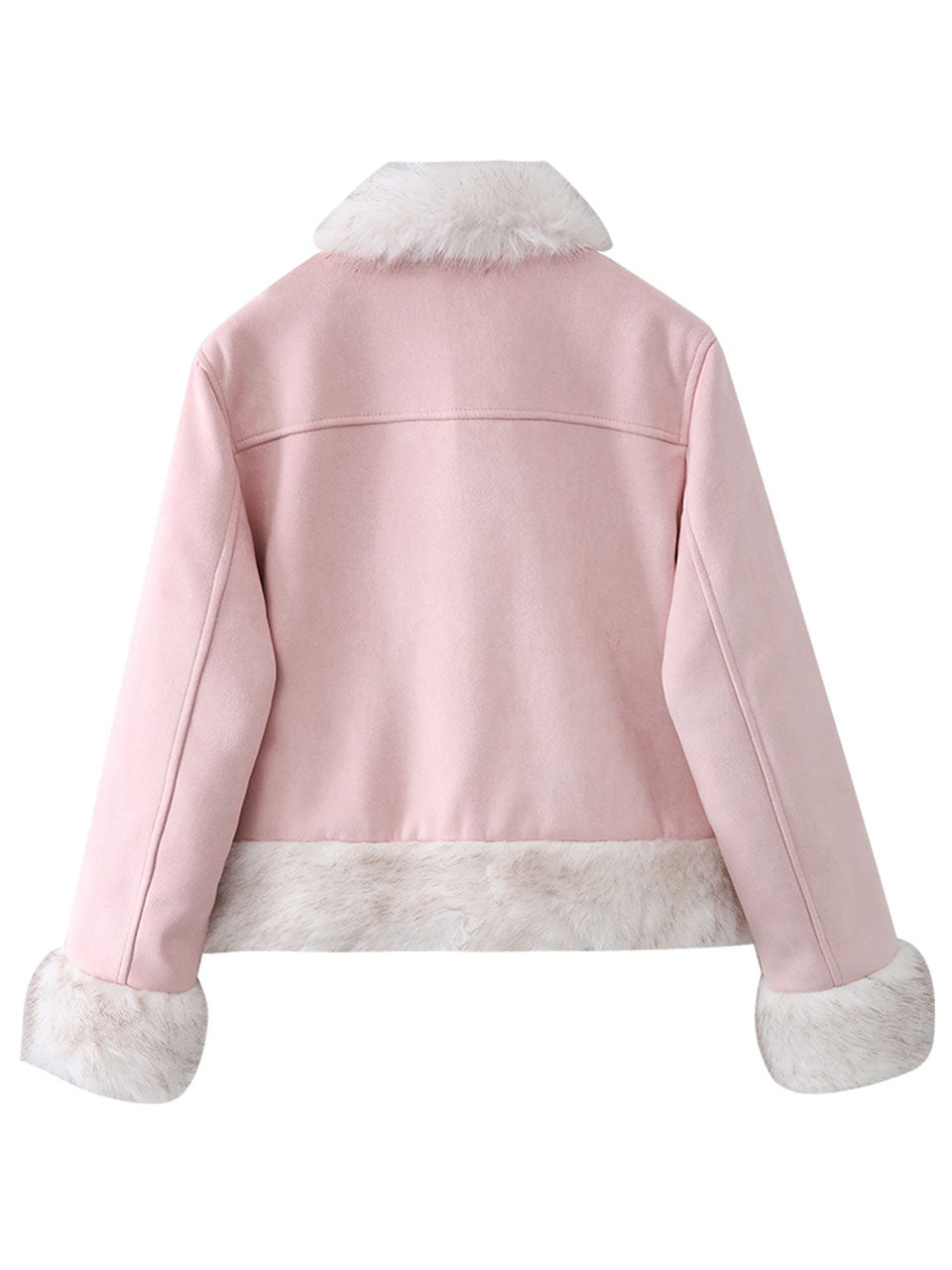 Pink Suede Butterfly Horn Button Faux Fur Winter Coat