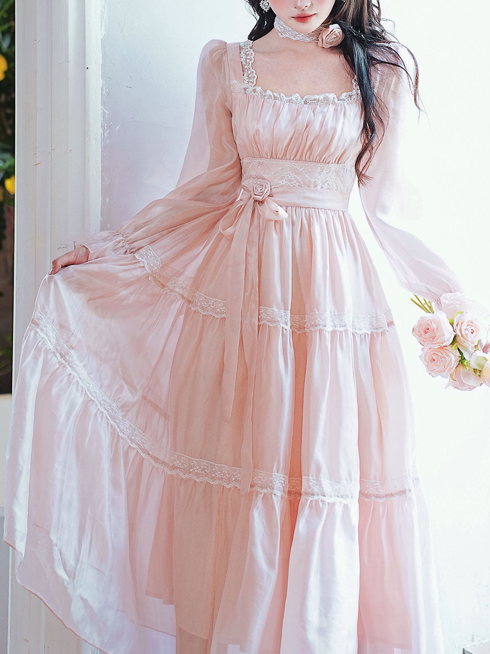 Pink Square Neck Lace Ruffle Vintage Fairy Dress