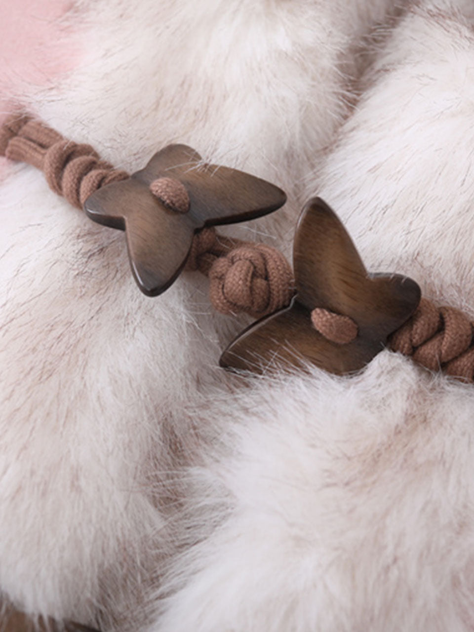 Pink Suede Butterfly Horn Button Faux Fur Winter Coat