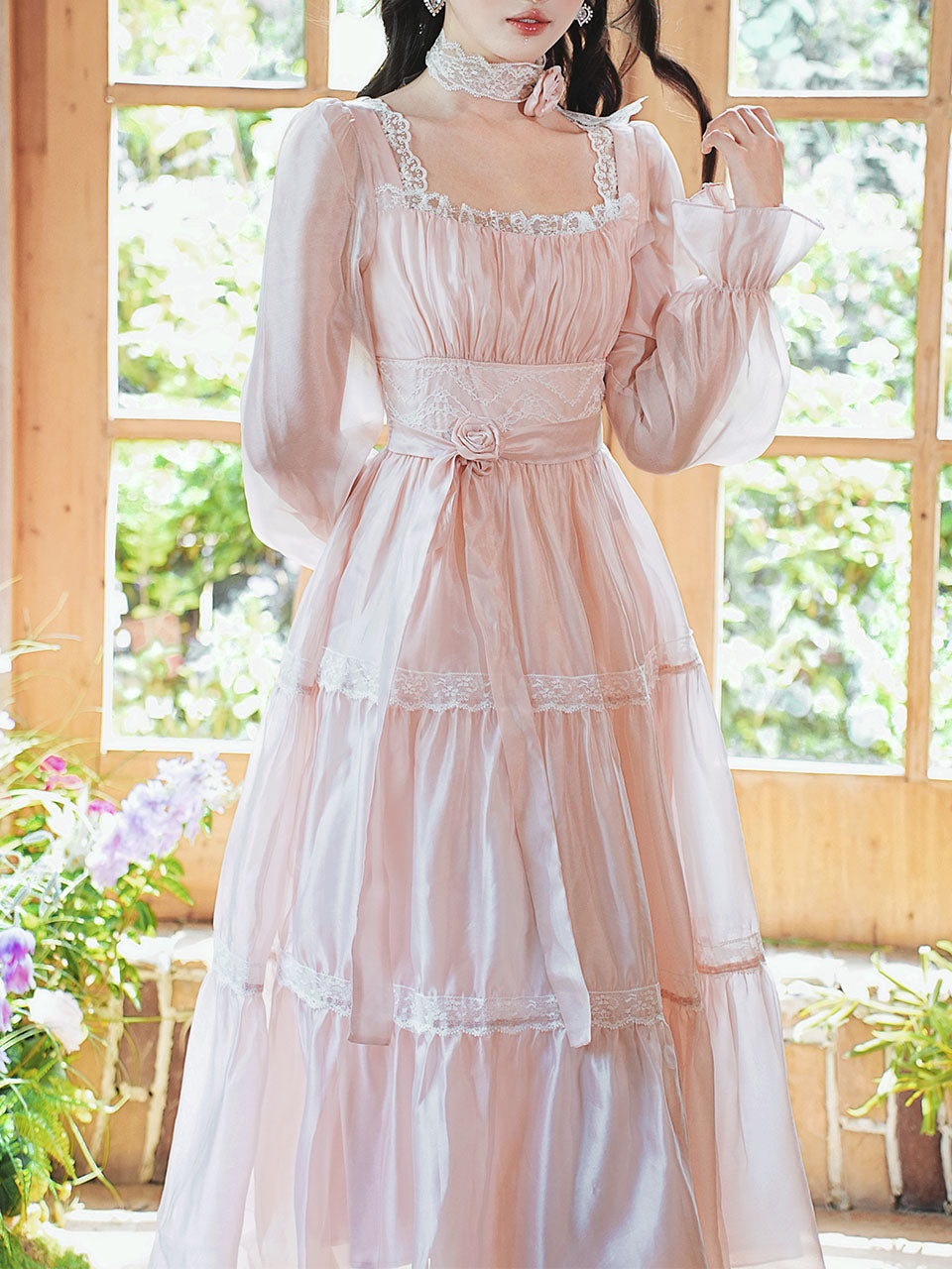 Pink Square Neck Lace Ruffle Vintage Fairy Dress