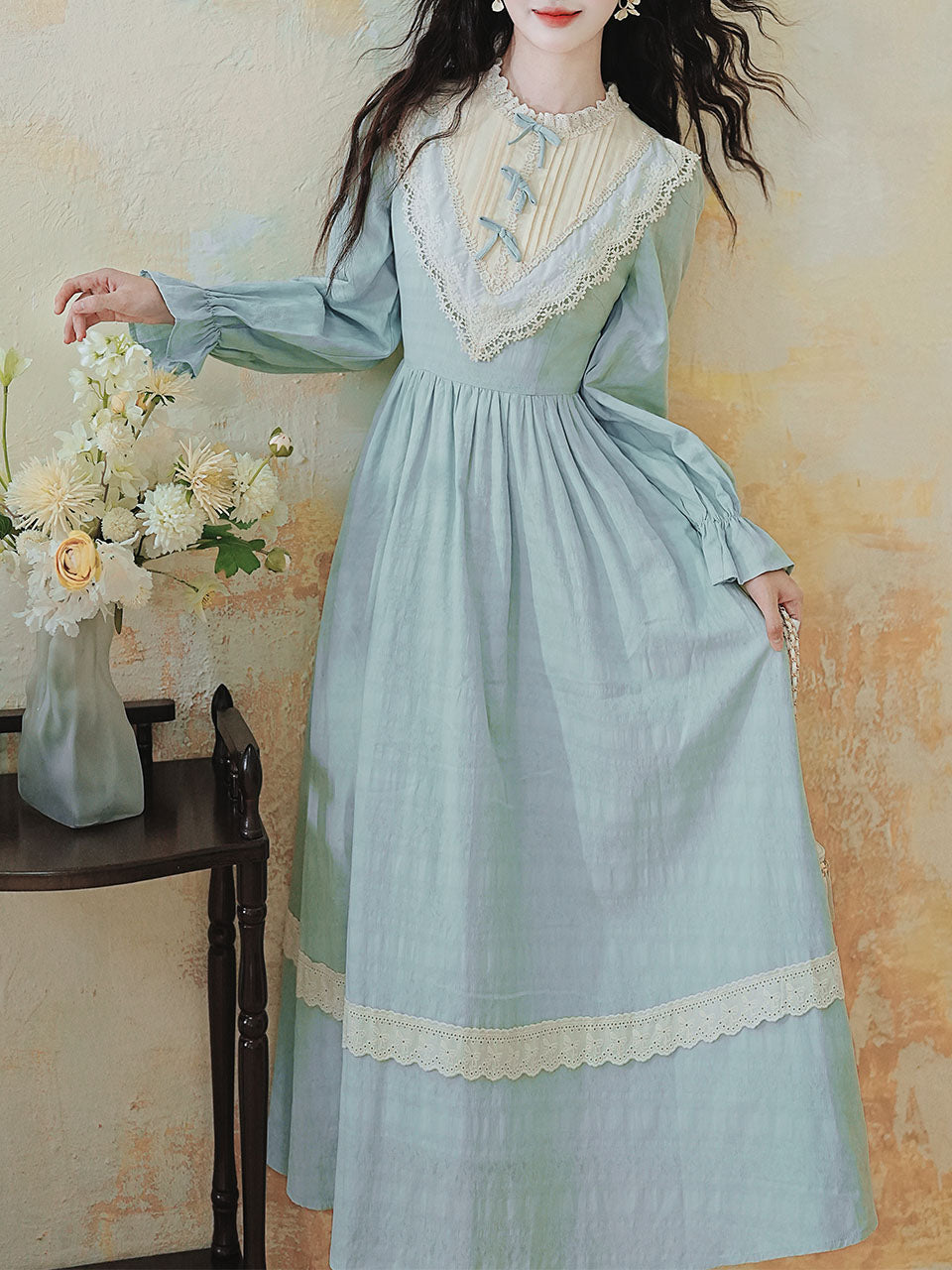 Blue Lace Ruffles Edwardian Revival Dress