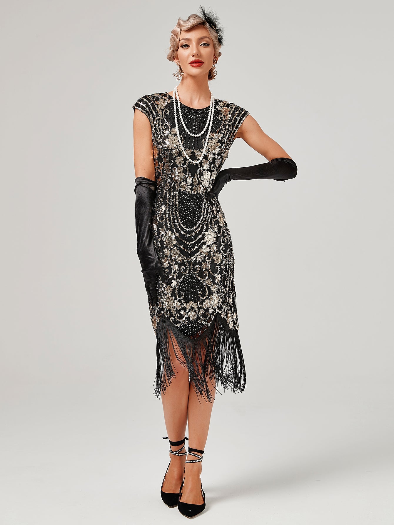 Crew Neck Sequined Beaded Cap Sleeve Tassels 1920S Gatsby Dress