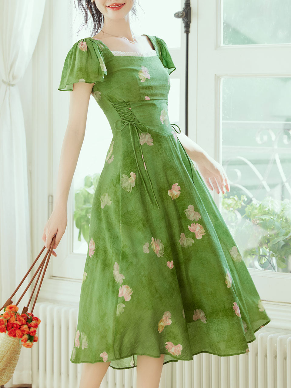 Green Square Neck Short Sleeve Floral Vintage Dress