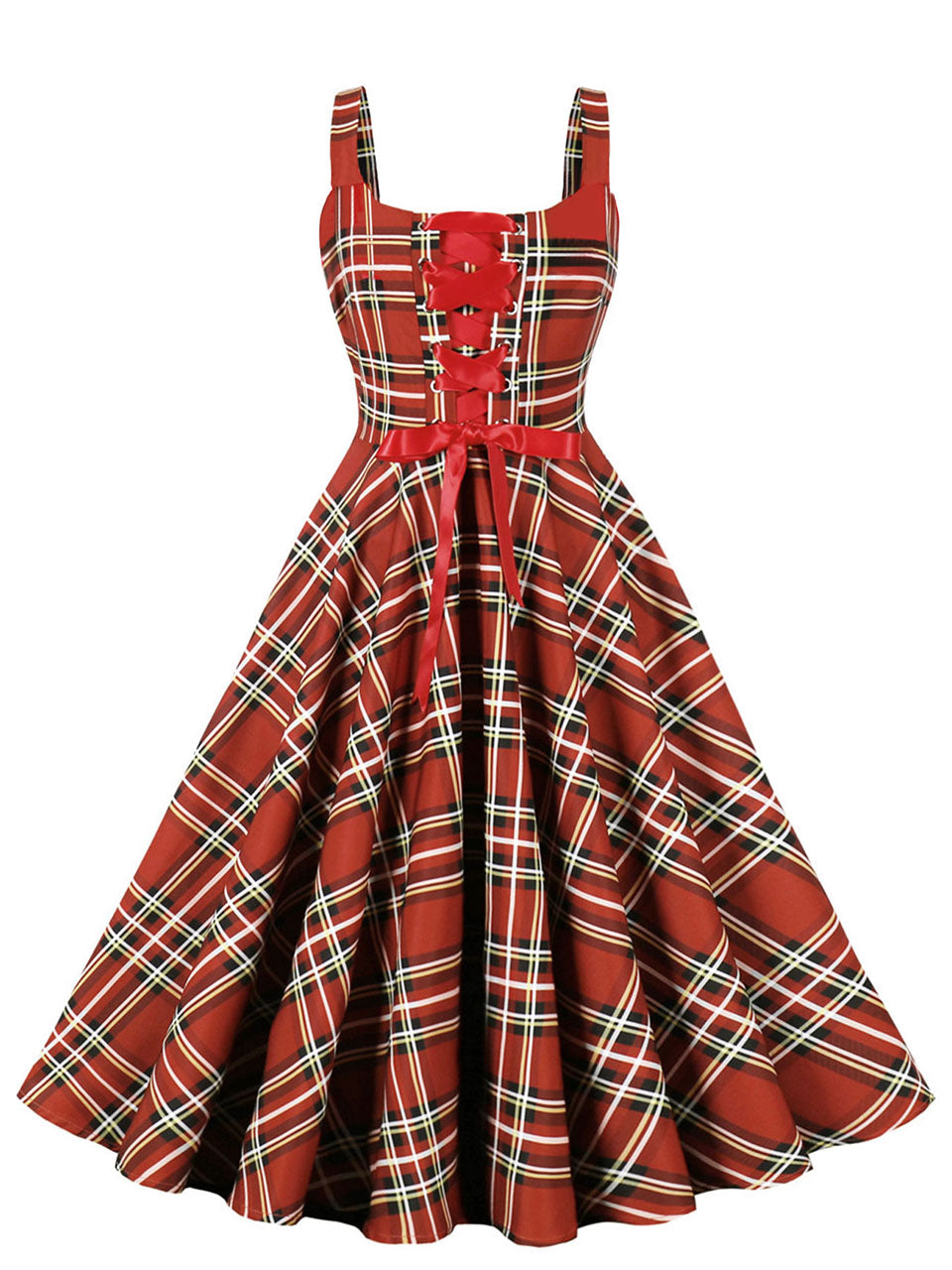 Red Plaid Lace-up Sleeveless 1950s Vintage Party Dress