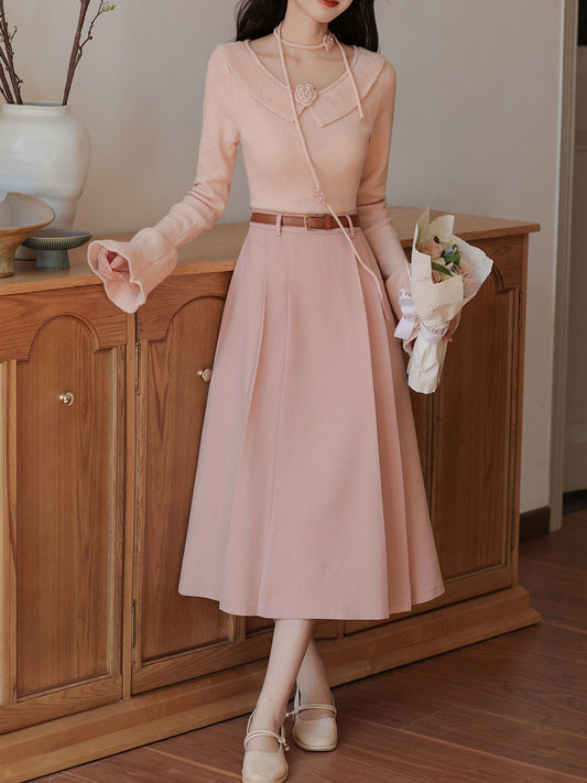 2PS Pink Rose V Neck Sweater And Swing Skirt Vintage outfit