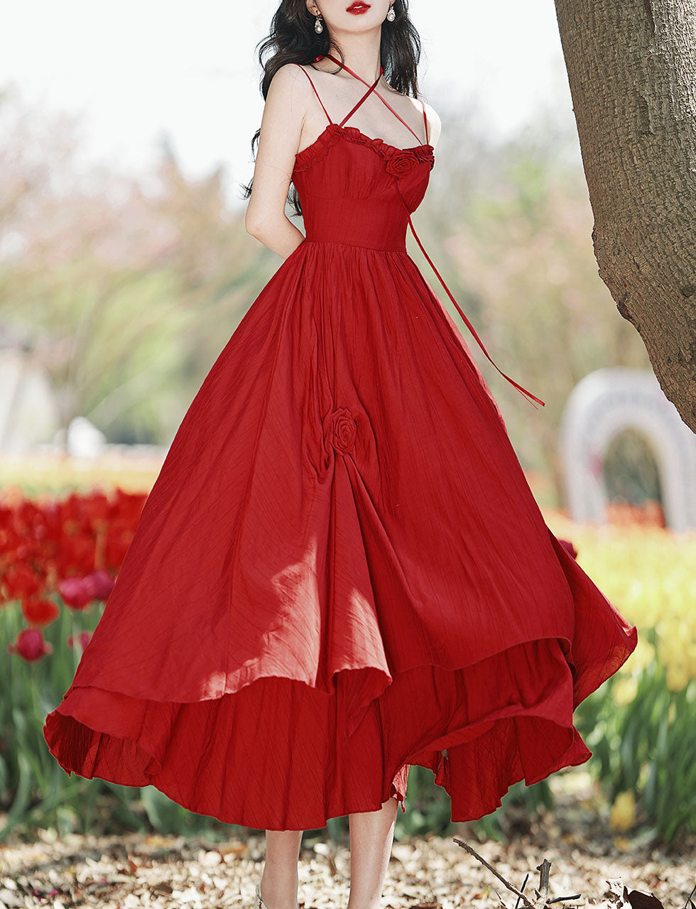 Red Rose Ruffles Spaghetti Strap Irregular Hem Dress