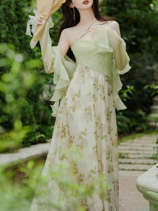 Green Bohemian Floral Print Chiffon Maxi Dress Prom Dress With Chiffon Cardigan