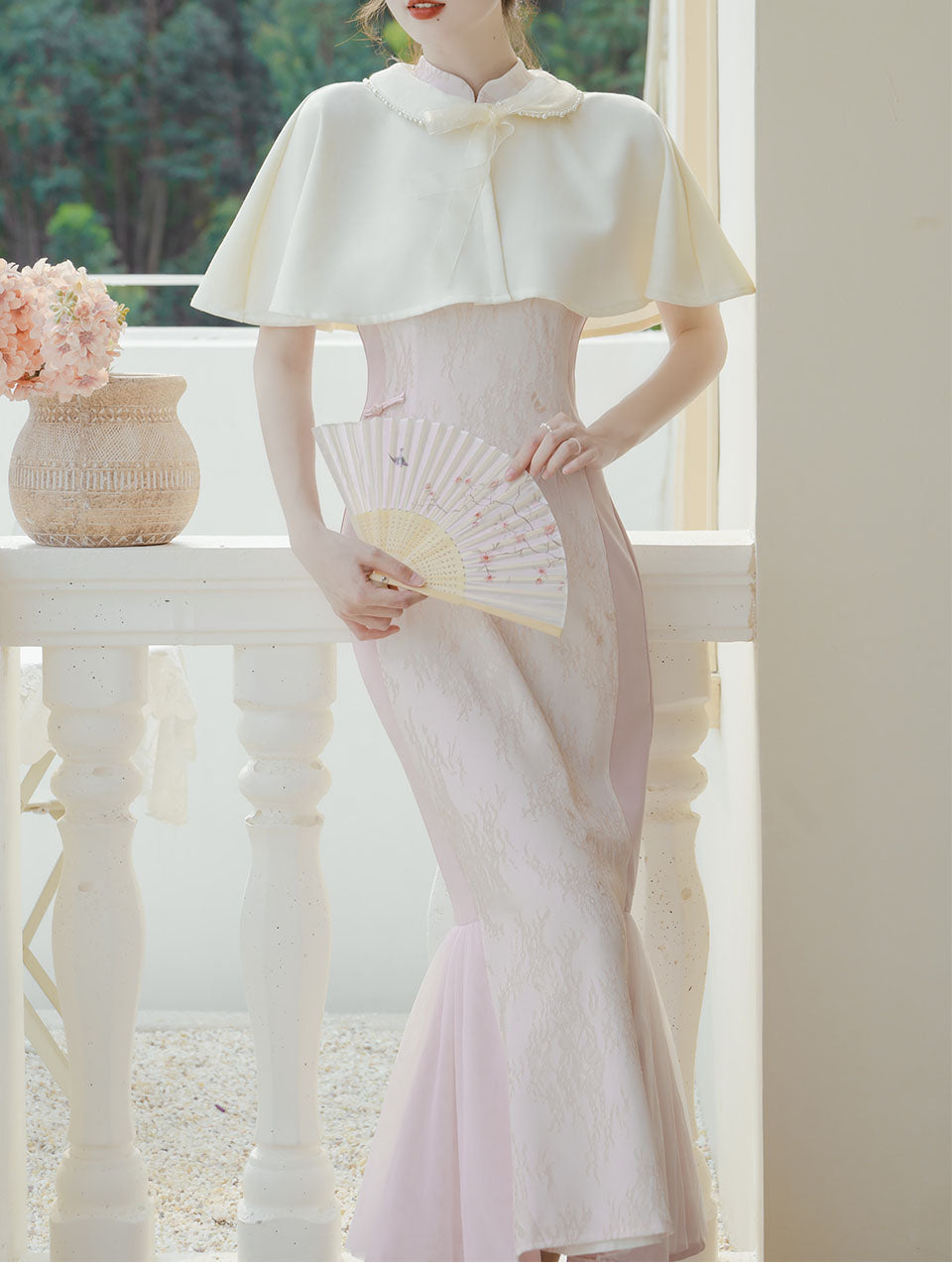 Pink Cheongsam Fishtail Maxi Dress Prom Dress With White Cape