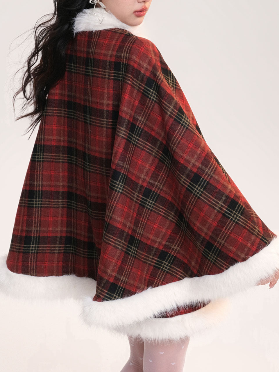 2PS Red and White Plaid Fake Fur Wool Cape Coat With Mini Skirt