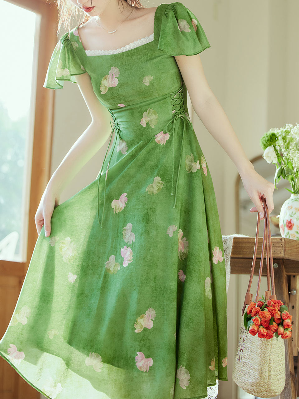 Green Square Neck Short Sleeve Floral Vintage Dress