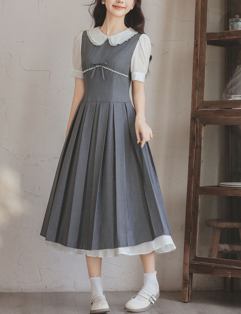 Grey Peter Pan Collar Preppy Style Pleated Dress