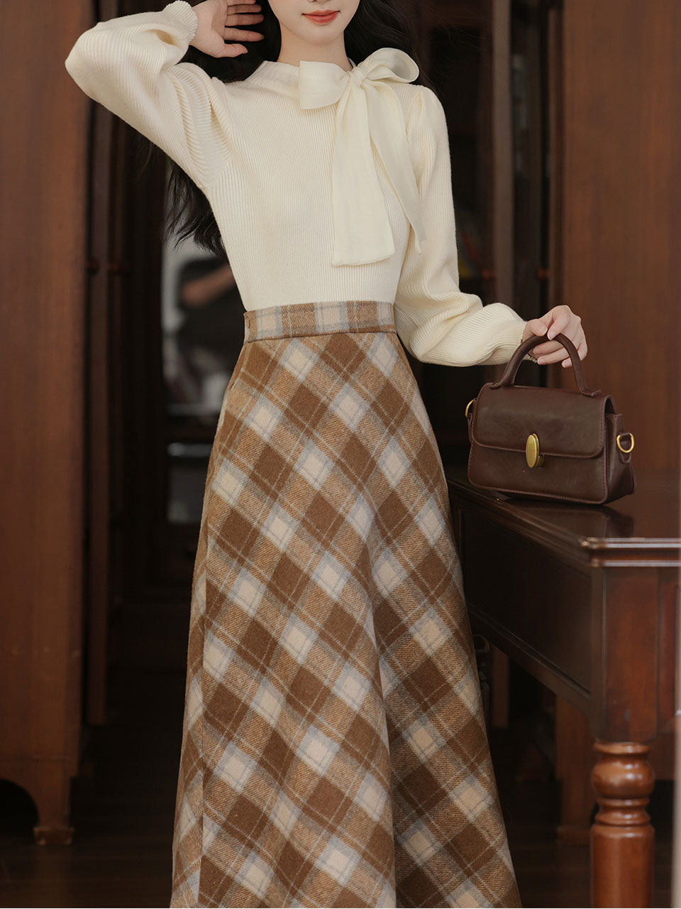 2PS White Bow Warm Sweater And Brown Plaid A-line Skirt