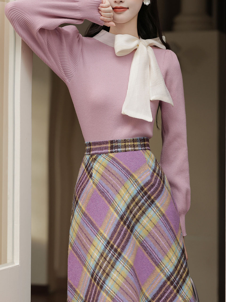 2PS Purple Bow Warm Sweater And Plaid A-line Skirt