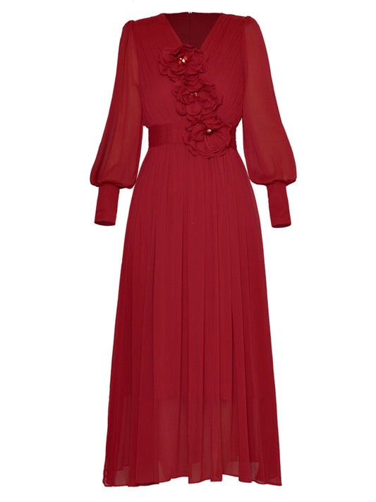 Red Lantern Flowers Long Sleeve Romantic Chiffon Dress