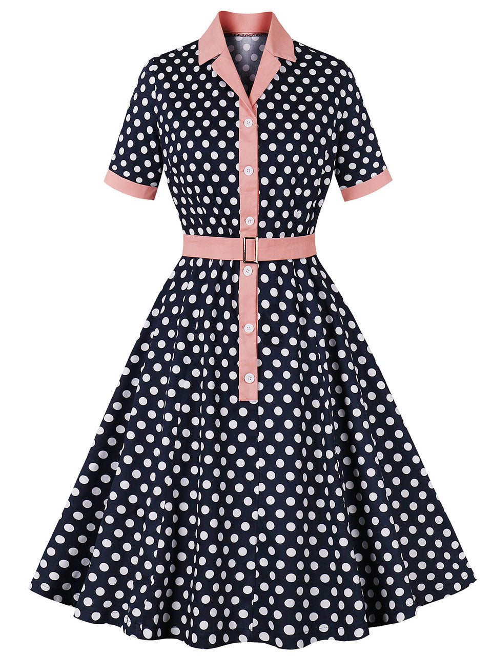 1950S Turndown Collar Polka Dots Short Sleeve Vintage Dress