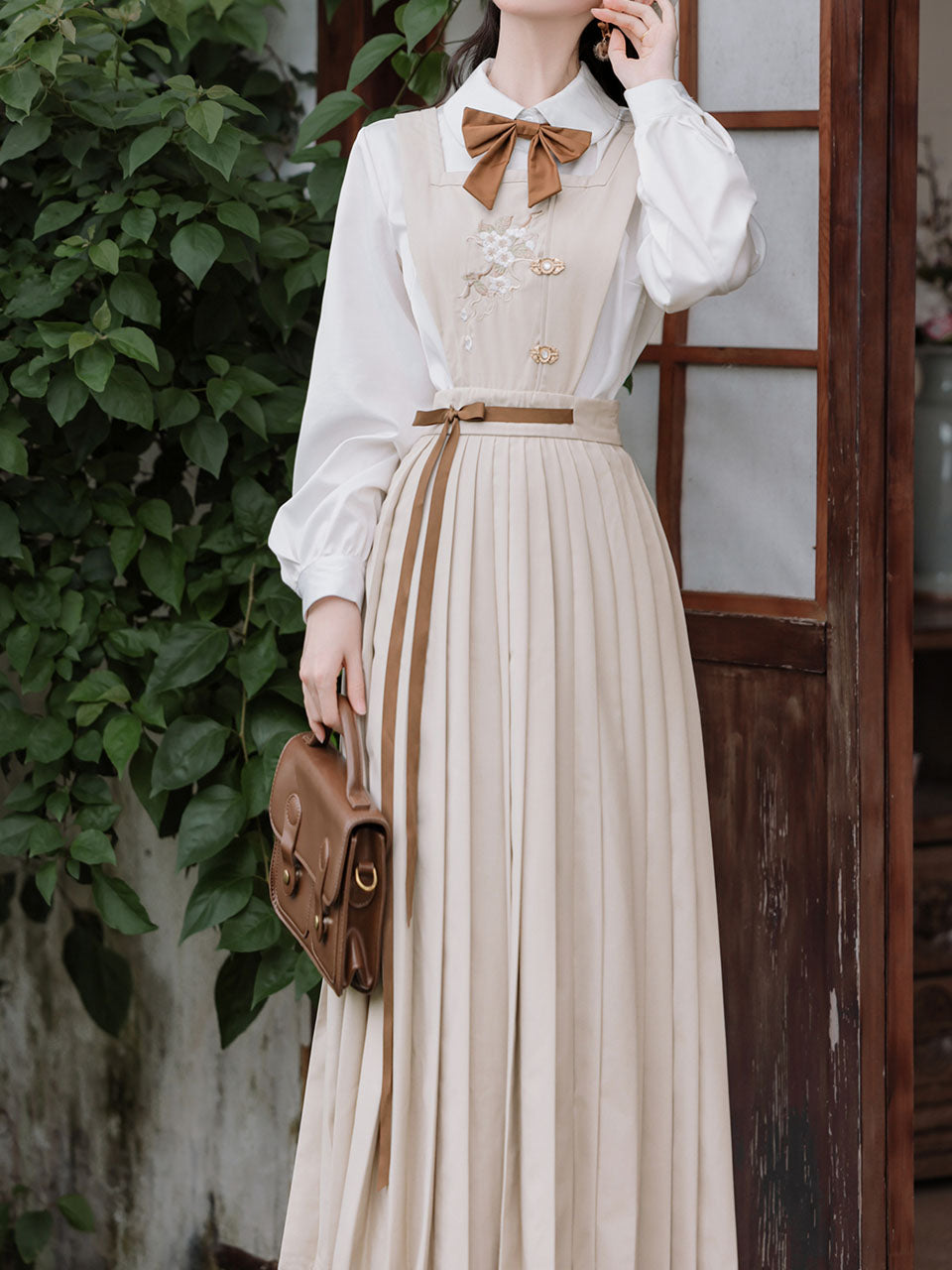 3 Piece Brown Retro Suspender Dress with Apricot Shirt Blazer Suit