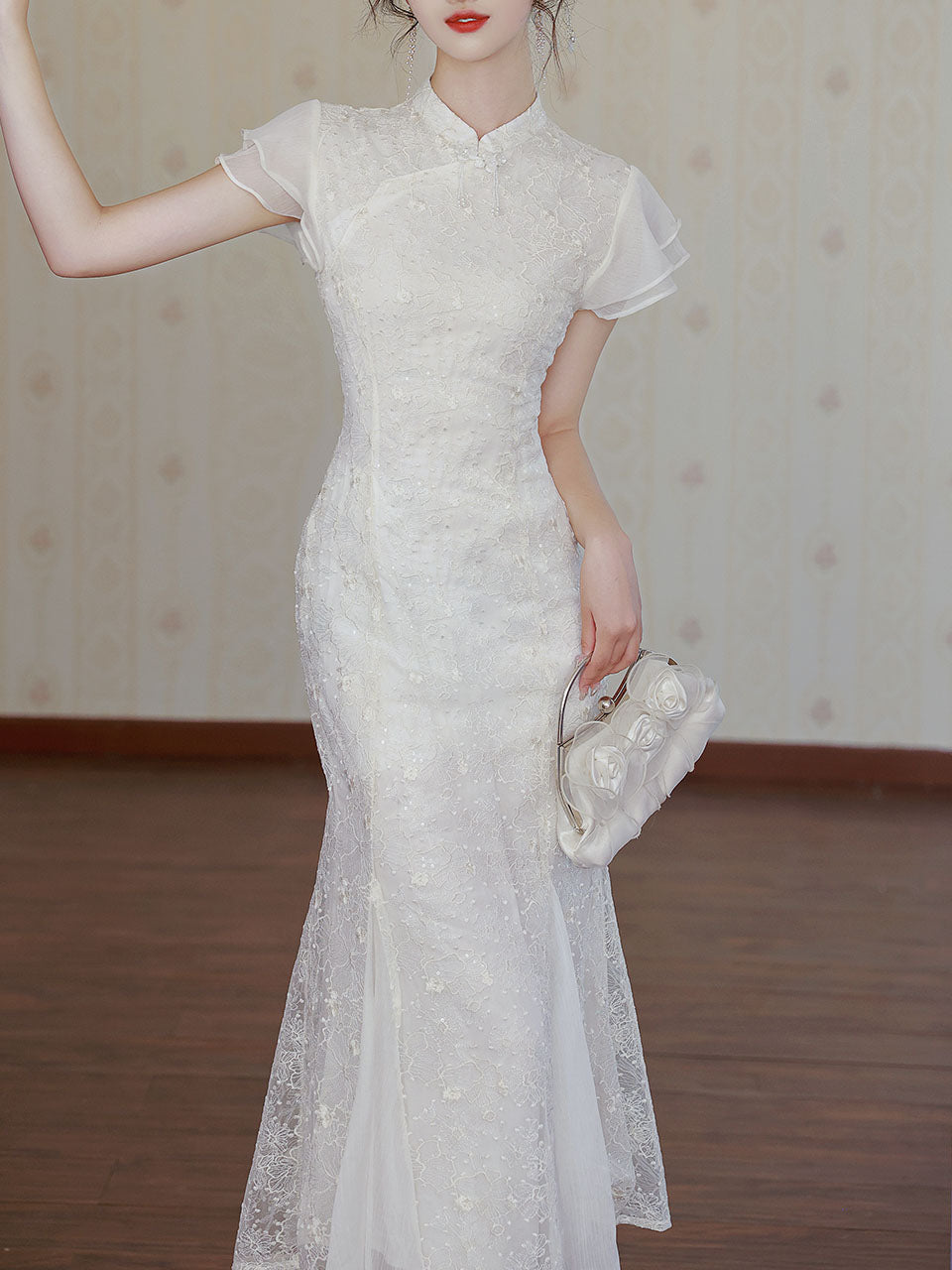 White Lace Ruffle Sleeve Sequined Fishtail Cheongsam Fishtail Wedding Dress