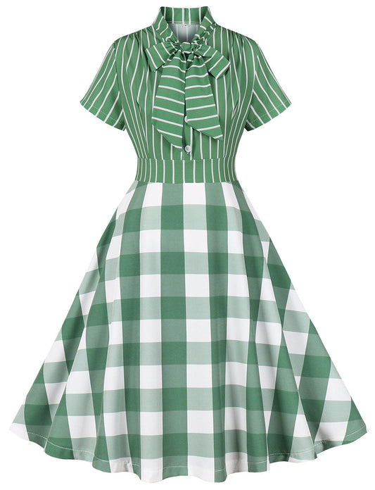 Christmas Green Bow Collar Stripe 1950S Cotton Swing Dress