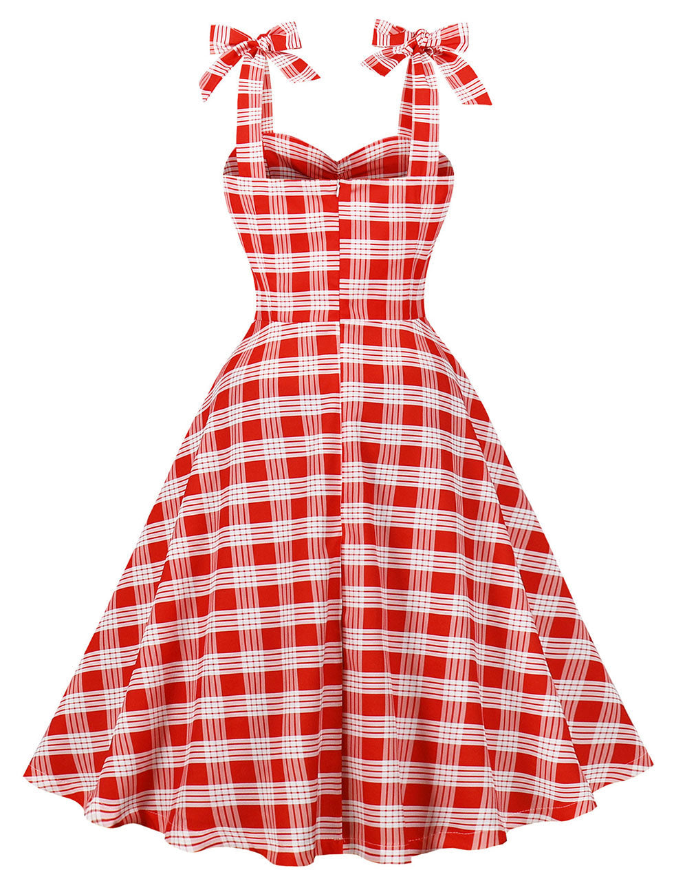 Red And White Plaid Straps Bow Retro Swing Dress