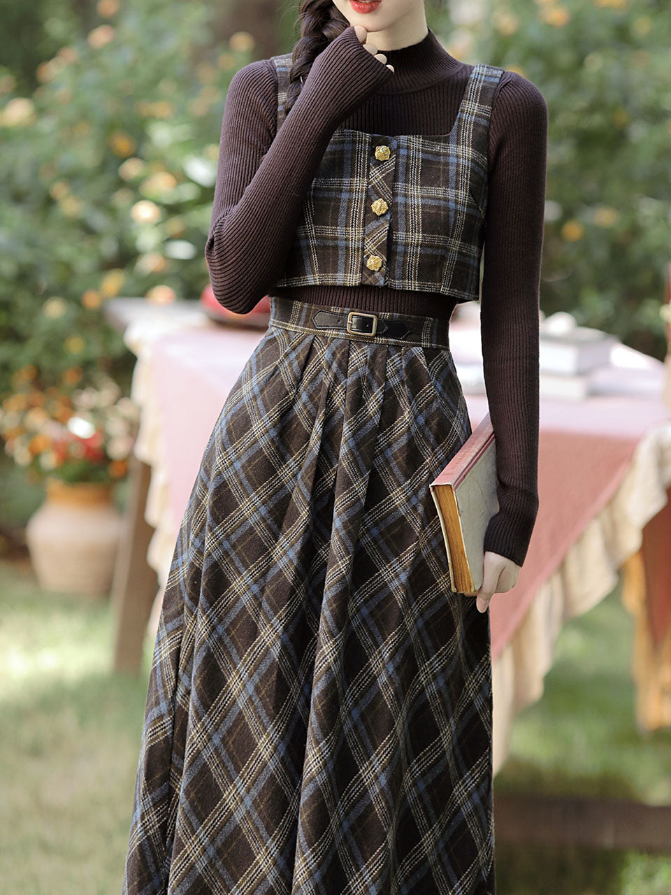 3PS Brown Knit Top and Plaid Vest Skirt Suit 1950S Vintage Audrey Hepburn's Style Outfits