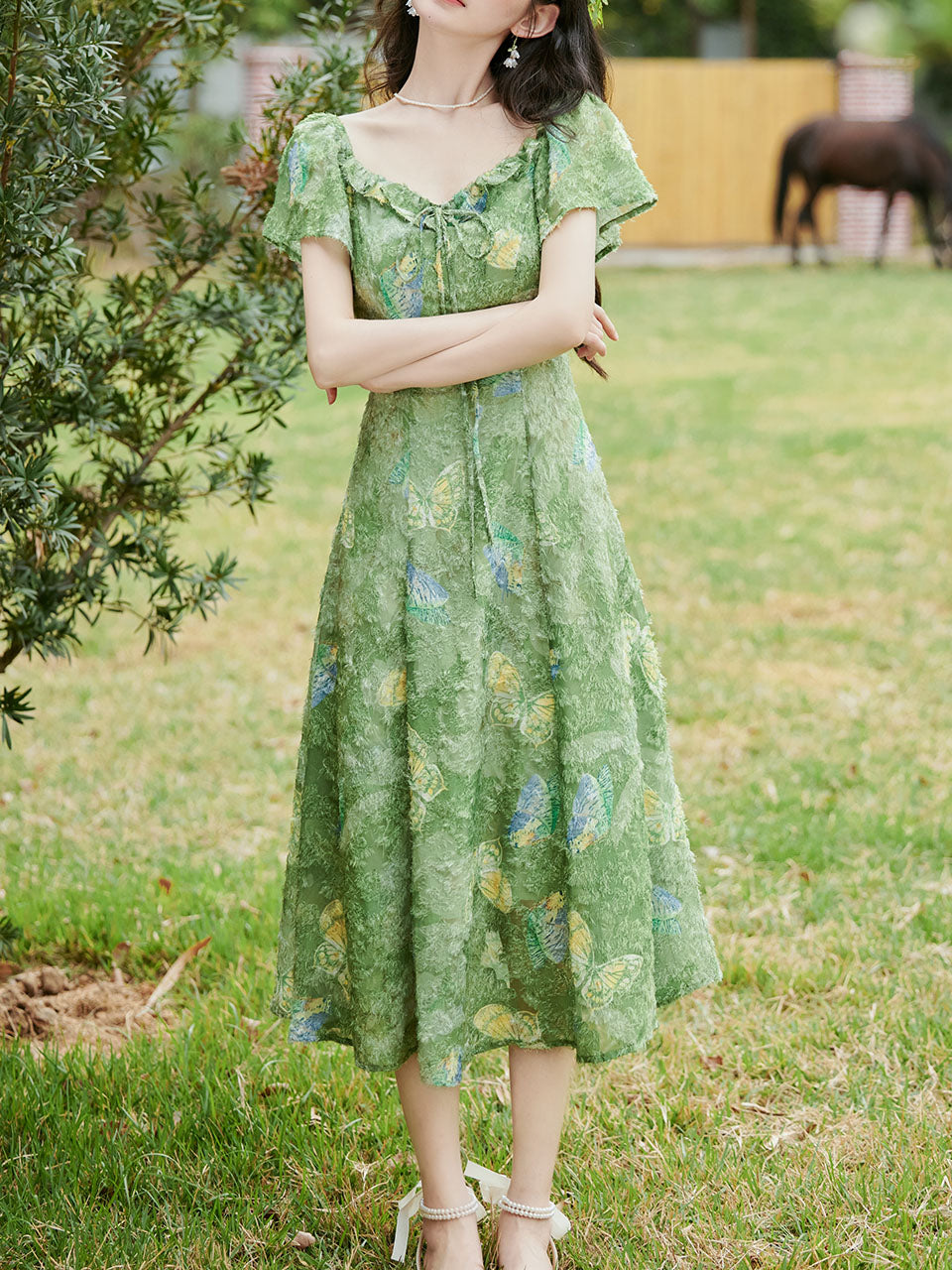 Green Square Neck Short Sleeve Butterfly Print Vintage Dress