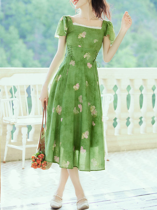 Green Square Neck Short Sleeve Floral Vintage Dress