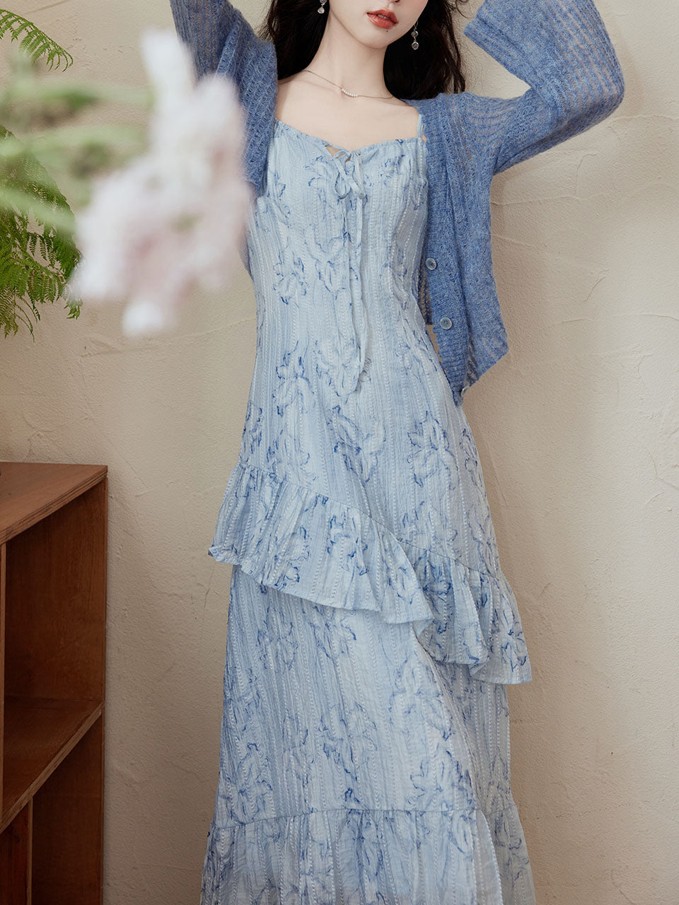 2PS Blue Floral Print Spaghetti Strap Dress With Blue Shawl Dress Suit