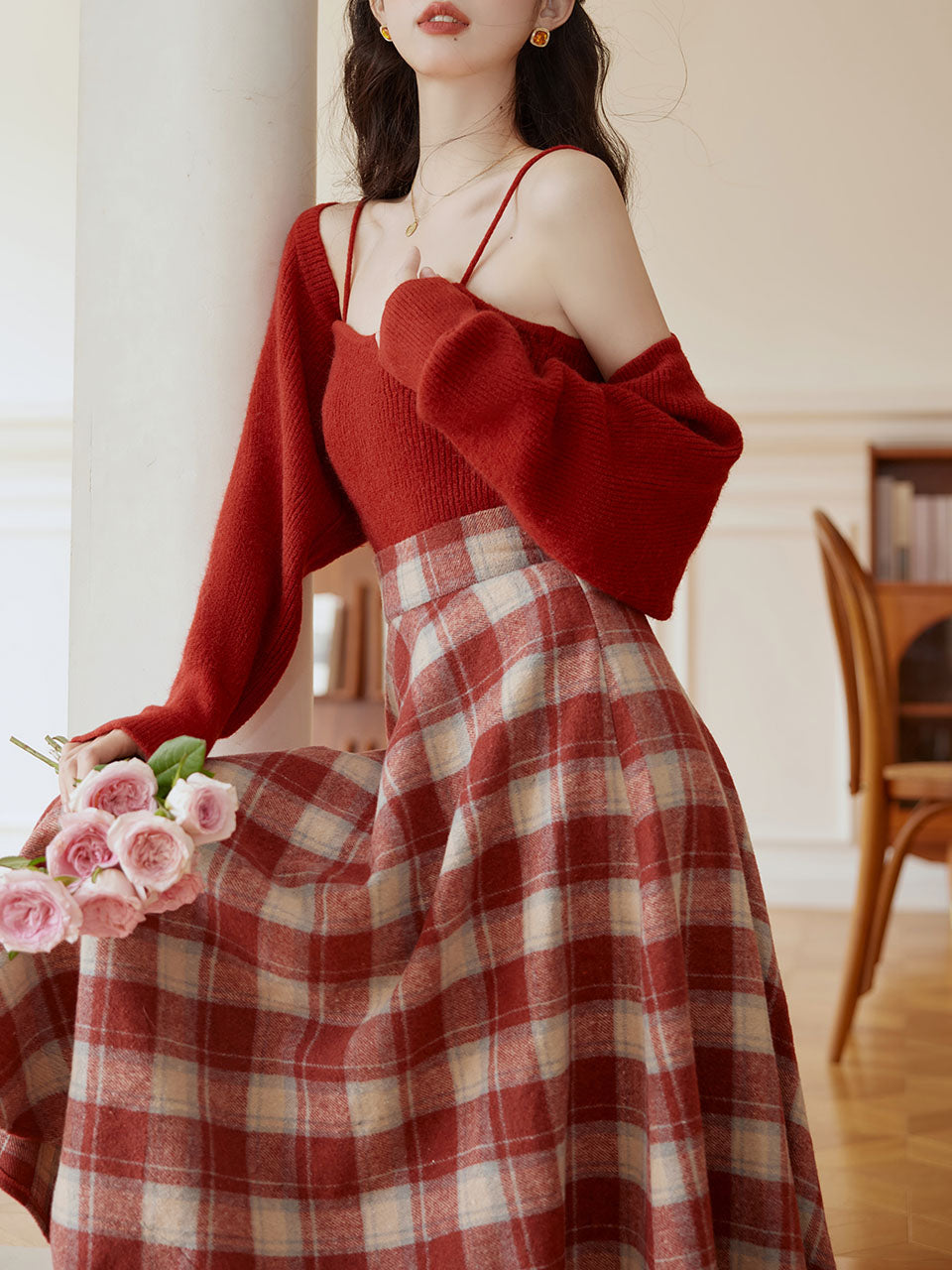 3 Piece Cardigan and Cami Set With Scottish Plaid Swing Skirt 1950S Vintage Audrey Hepburn's Style Outfits