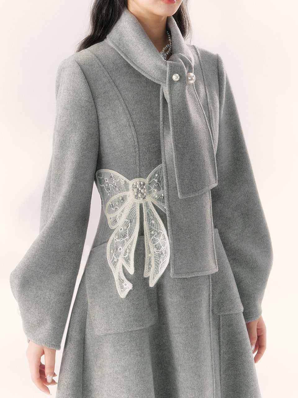 1950S Grey Lace Butterfly Bow Vintage Long Coat