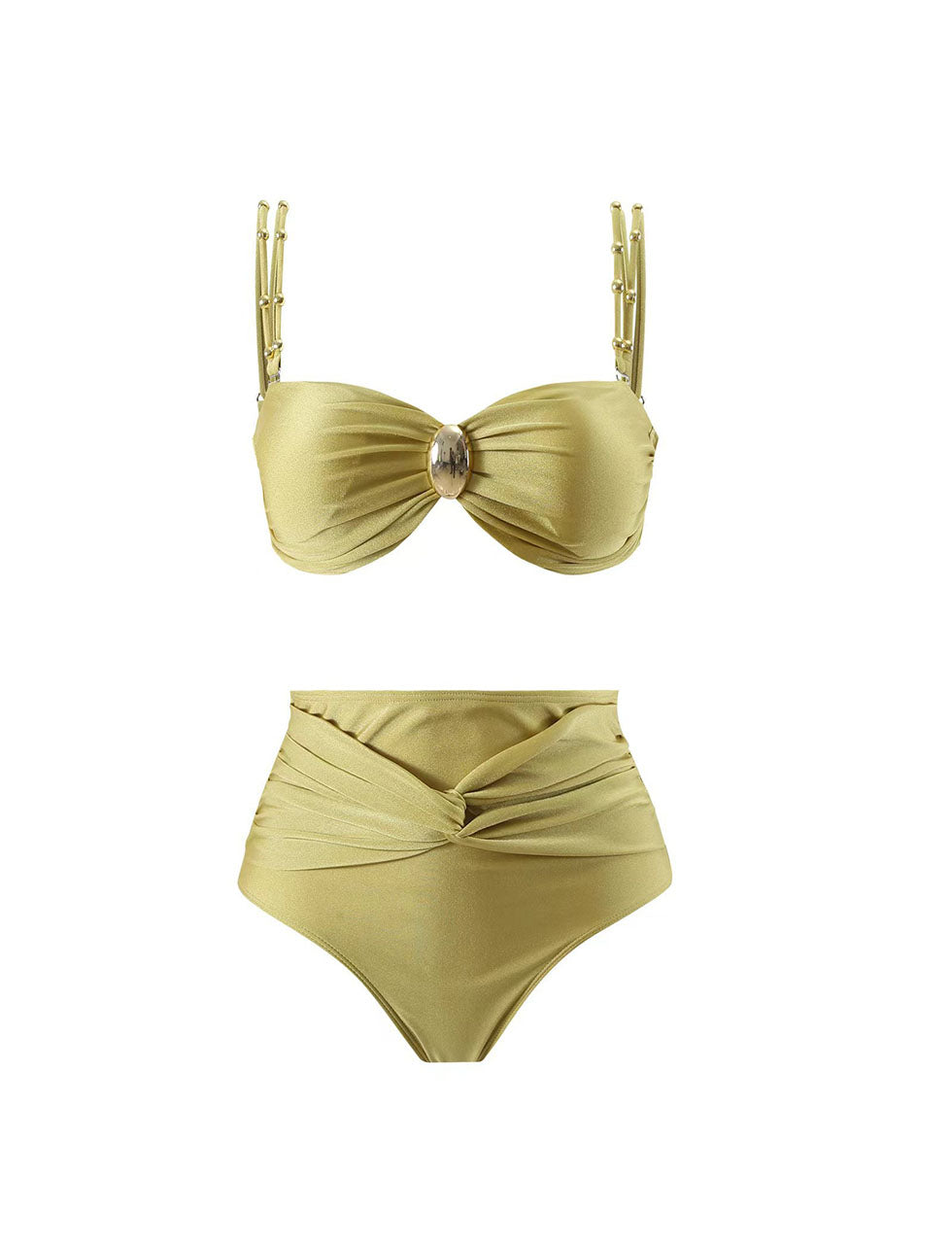 Yellow Strap Two Pieces With Bathing Suit Ruffles Wrap Skirt