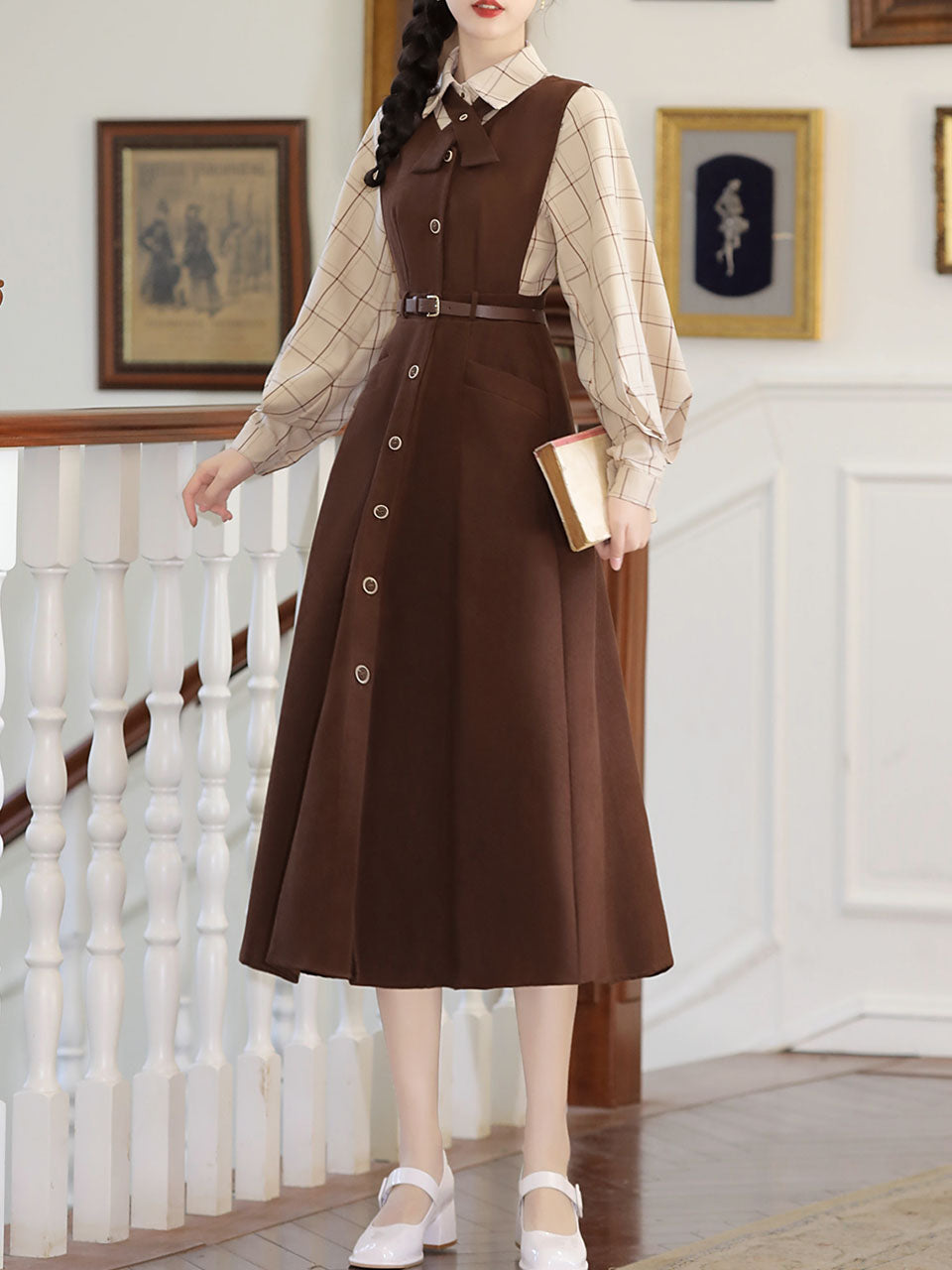 2 Piece Brown Retro Suspender Dress with Apricot Plaid Shirt