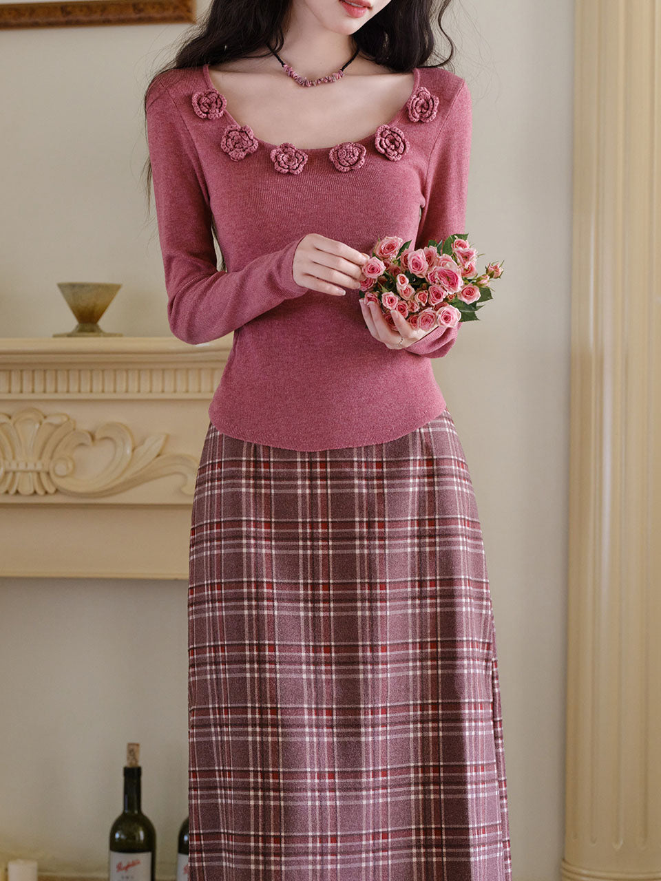 2PS Pink Rose Sweater And Plaid Straight  Skirt 1950s Vintage Audrey Hepburn's Style Outfits