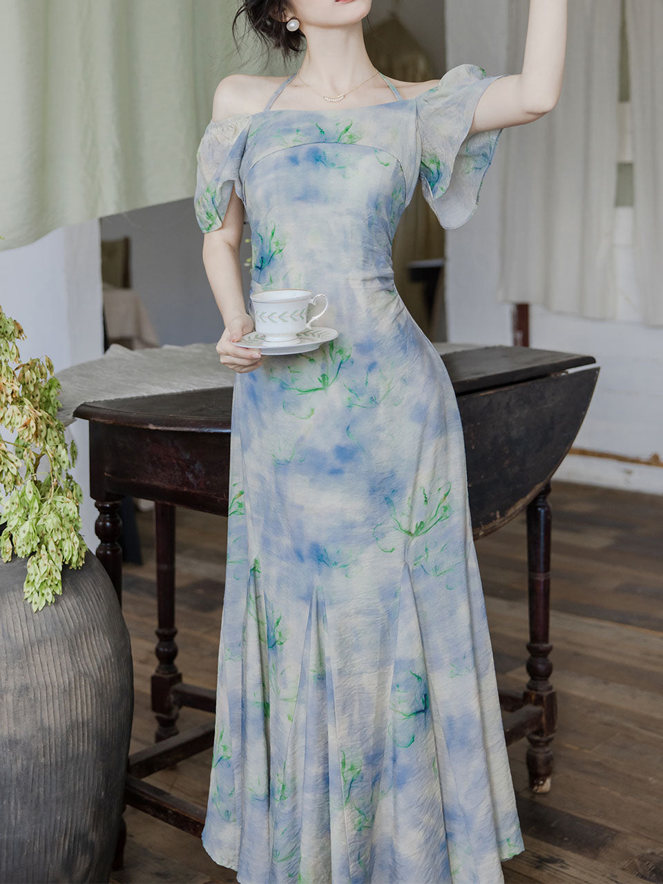 Blue Floral Printed Off-shoulder Fishtail Dress