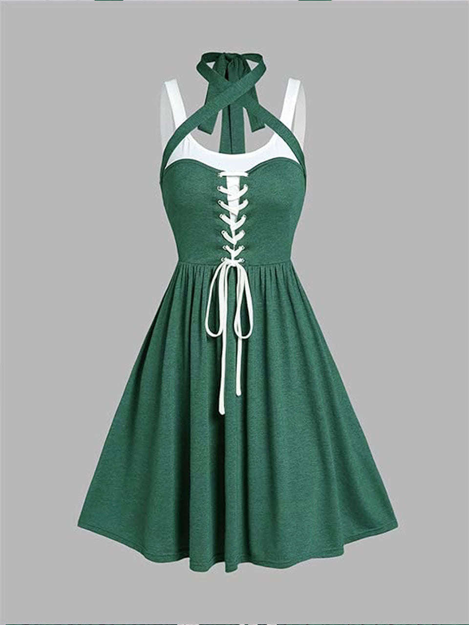 White and Green Lace-up 1950s Vintage Party Dress