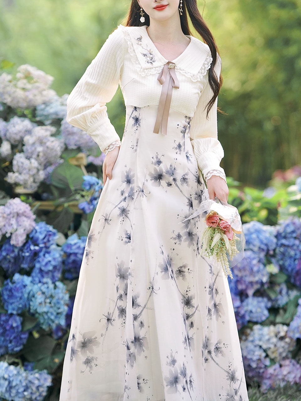 Apricot Floral Printed Large Lapel Fake Two-piece Vintage Dress