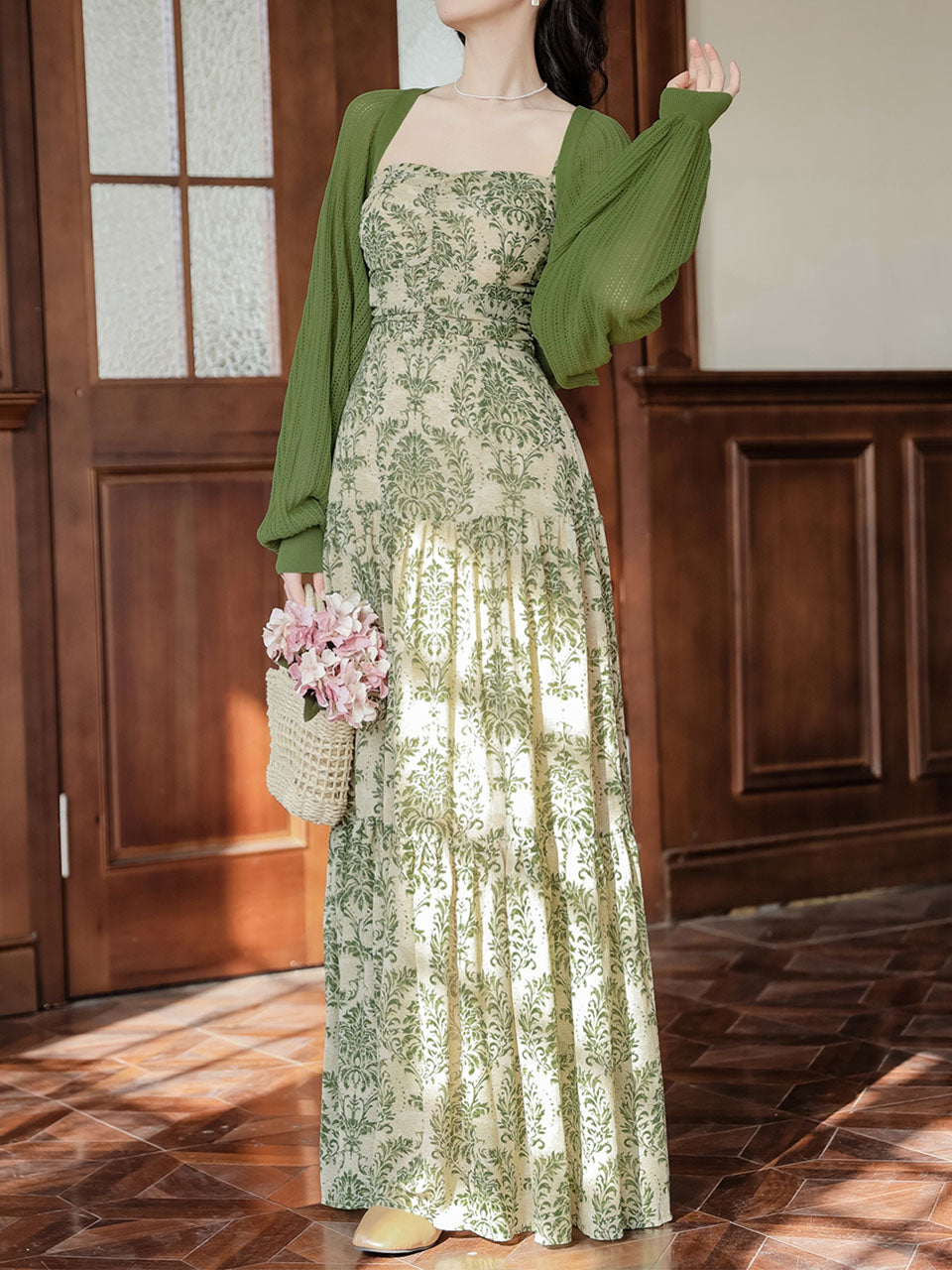 Green Bohemian Floral Print Chiffon Maxi Dress Prom Dress With Cardigan