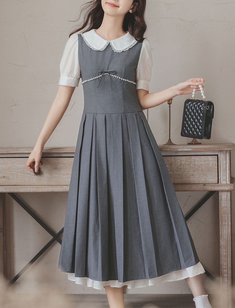 Grey Peter Pan Collar Preppy Style Pleated Dress