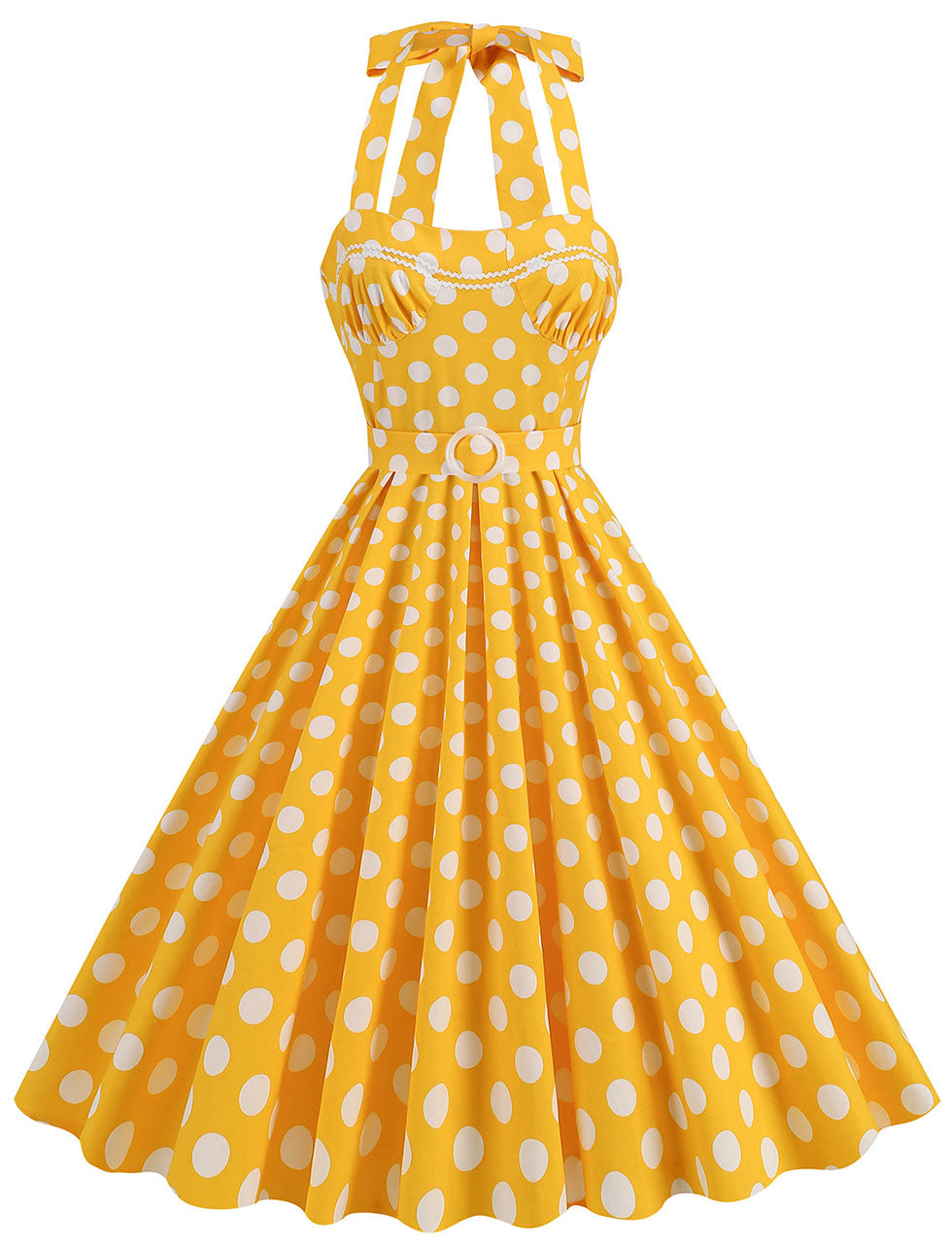 Yellow Polka Dots Lace Vintage Halter Backless 1950S Vintage Dress