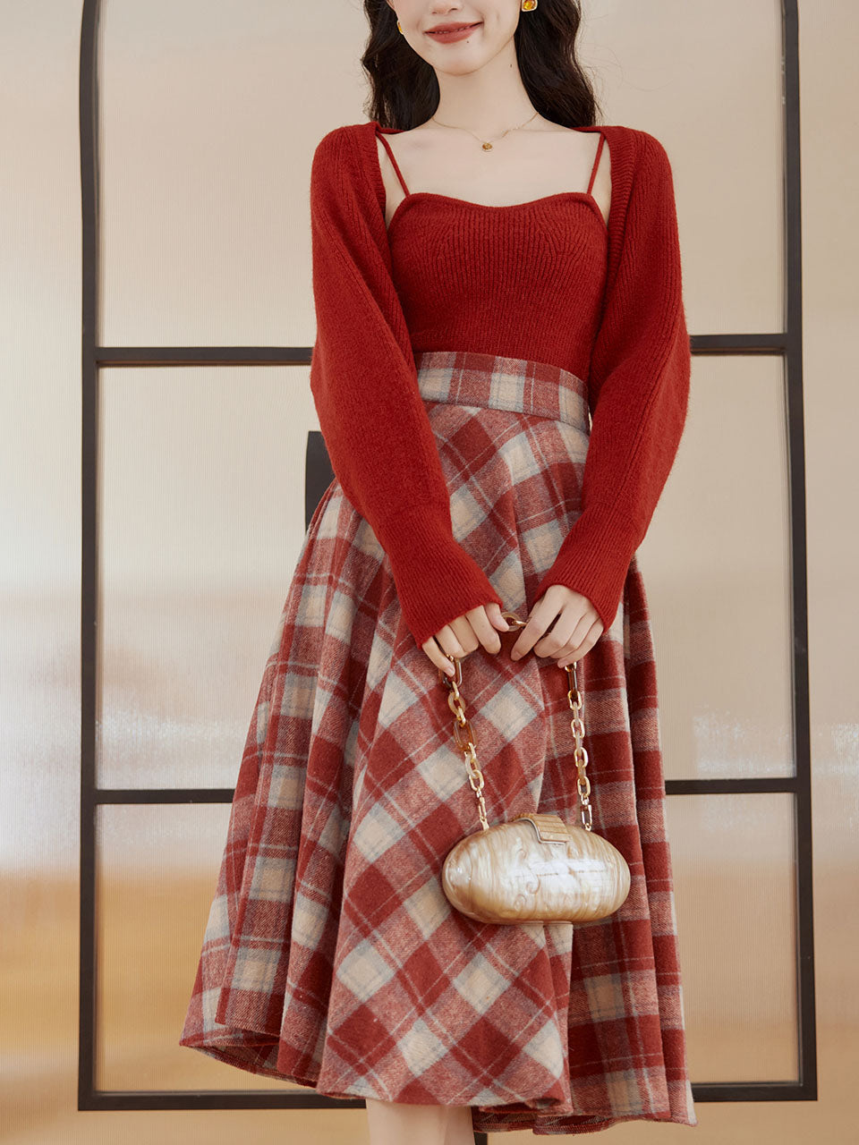 3 Piece Cardigan and Cami Set With Scottish Plaid Swing Skirt 1950S Vintage Audrey Hepburn's Style Outfits