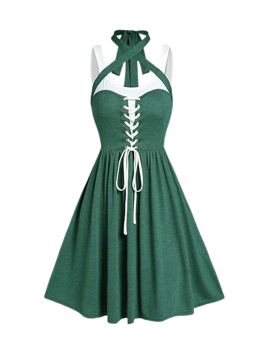 White and Green Lace-up 1950s Vintage Party Dress