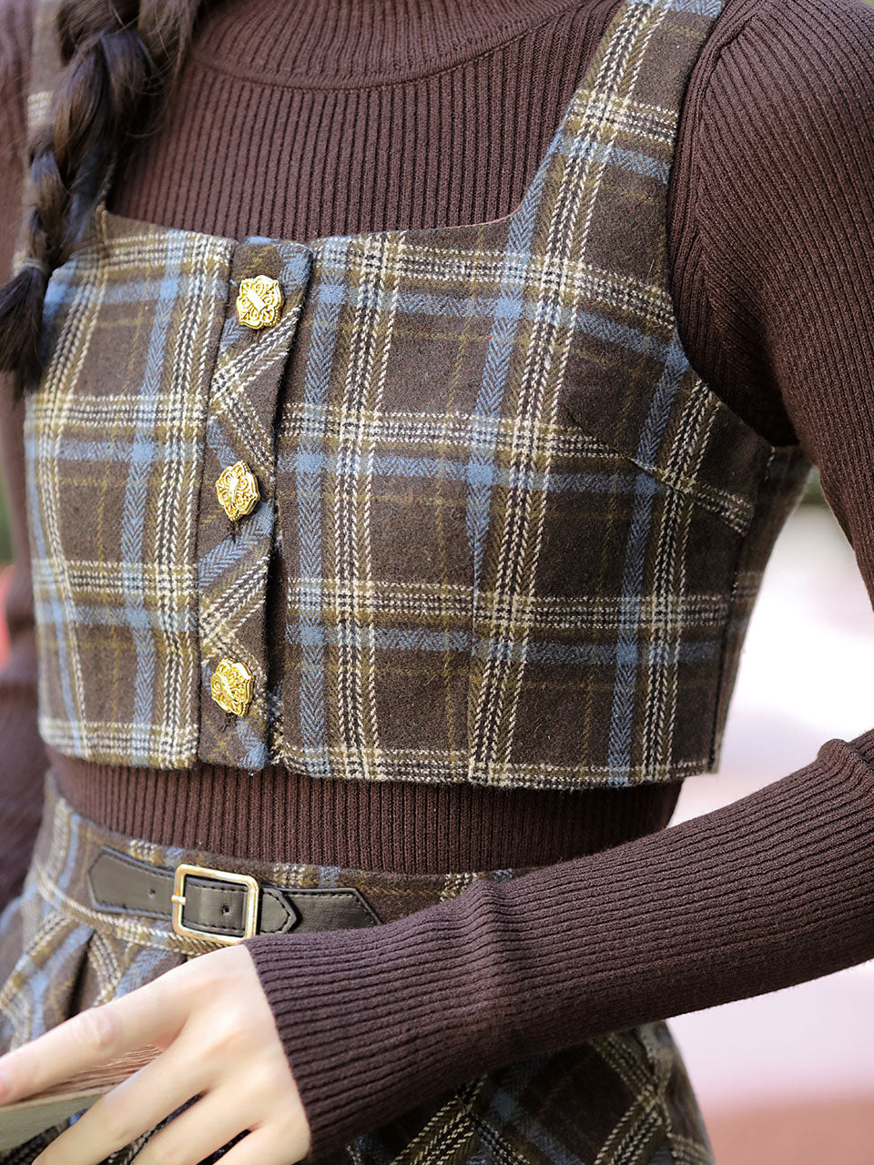 3PS Brown Knit Top and Plaid Vest Skirt Suit 1950S Vintage Audrey Hepburn's Style Outfits