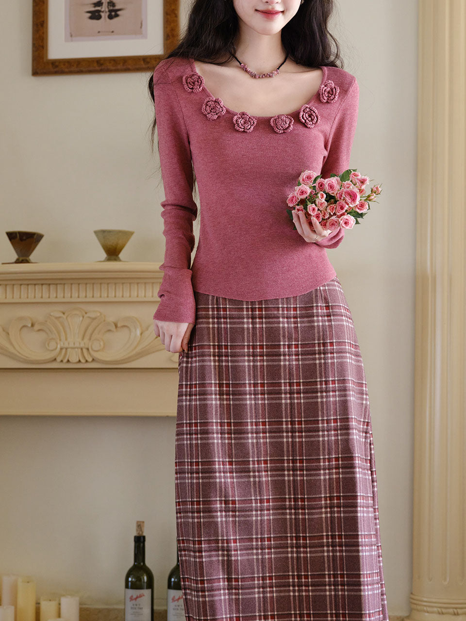 2PS Pink Rose Sweater And Plaid Straight  Skirt 1950s Vintage Audrey Hepburn's Style Outfits