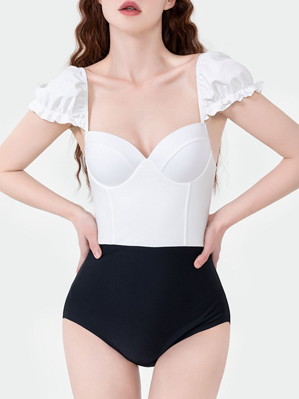 White And Black Retro Audrey Hepburn's Style One Piece Swimsuit