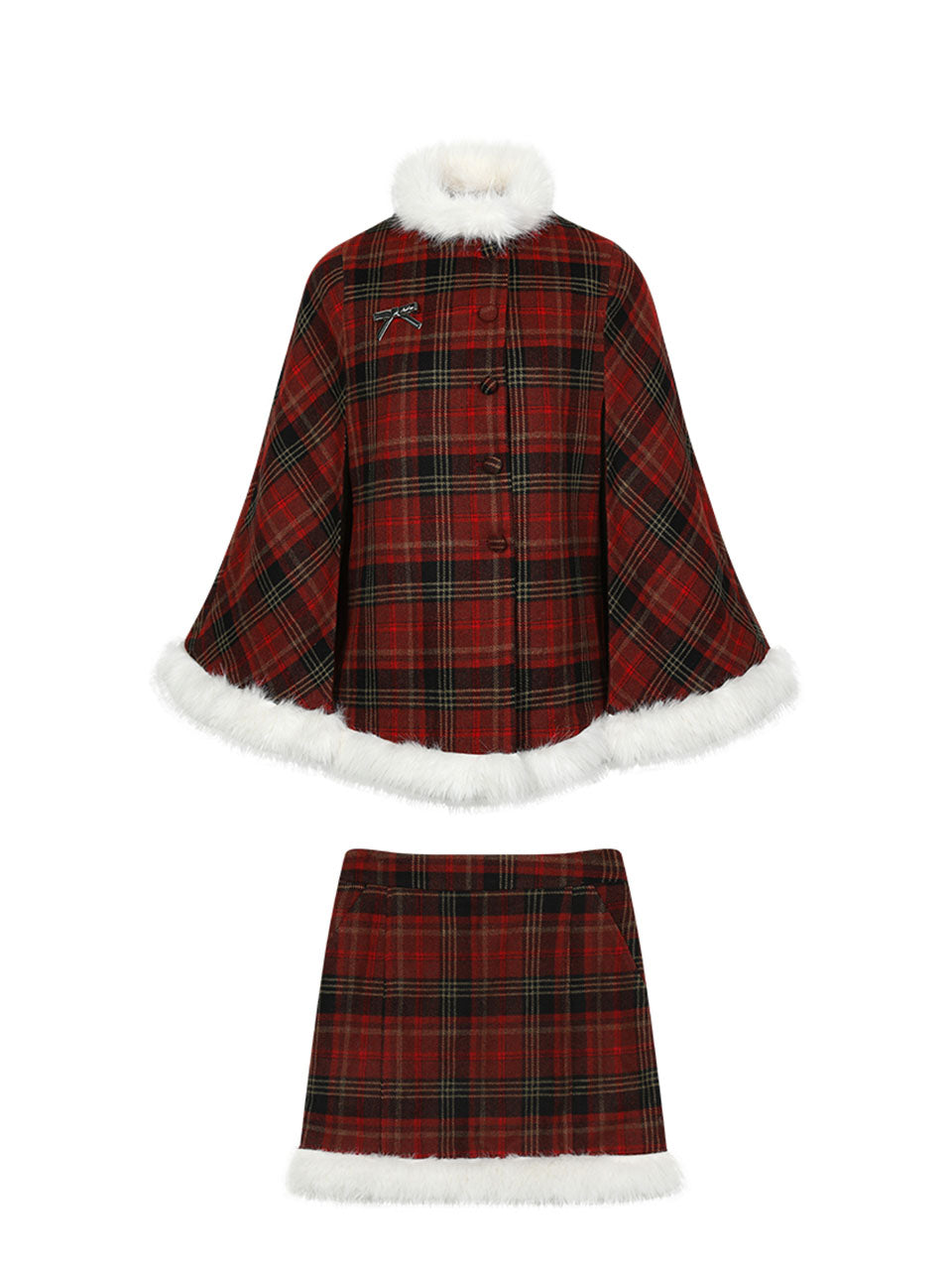 2PS Red and White Plaid Fake Fur Wool Cape Coat With Mini Skirt