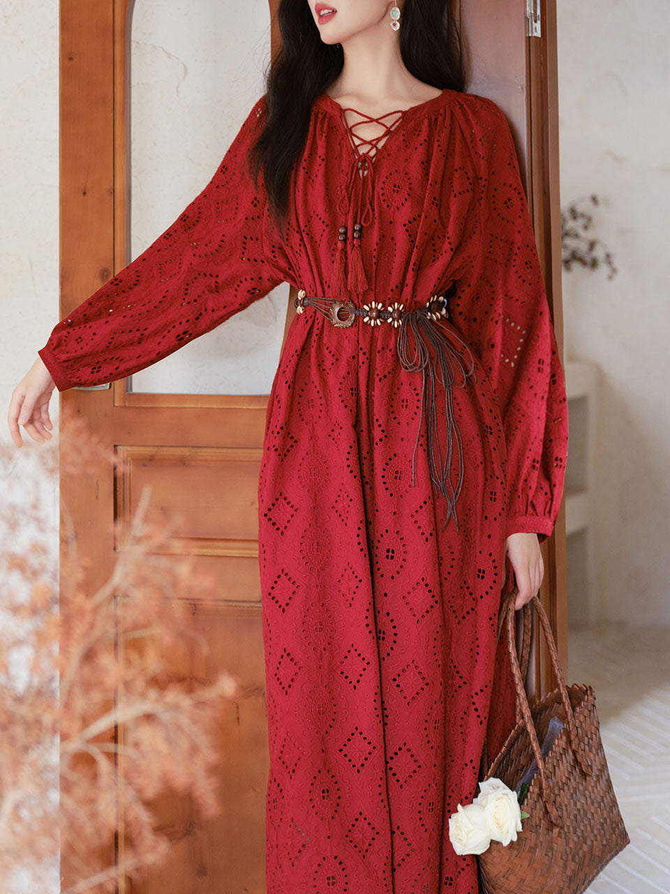 Red Embroidered Hollow Long Sleeve Tassel Holiday Bohemian Dress