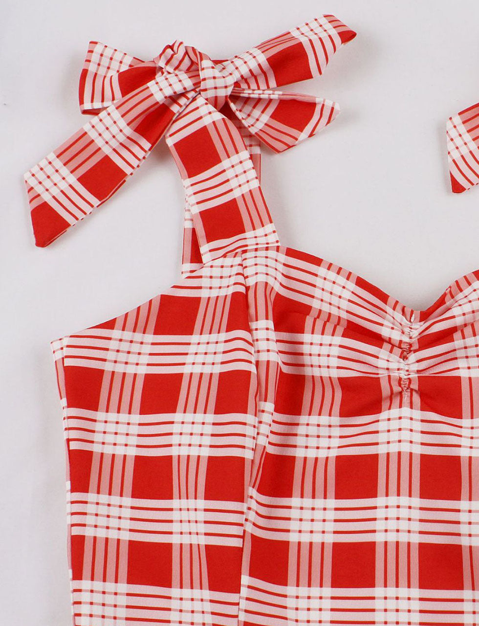 Red And White Plaid Straps Bow Retro Swing Dress