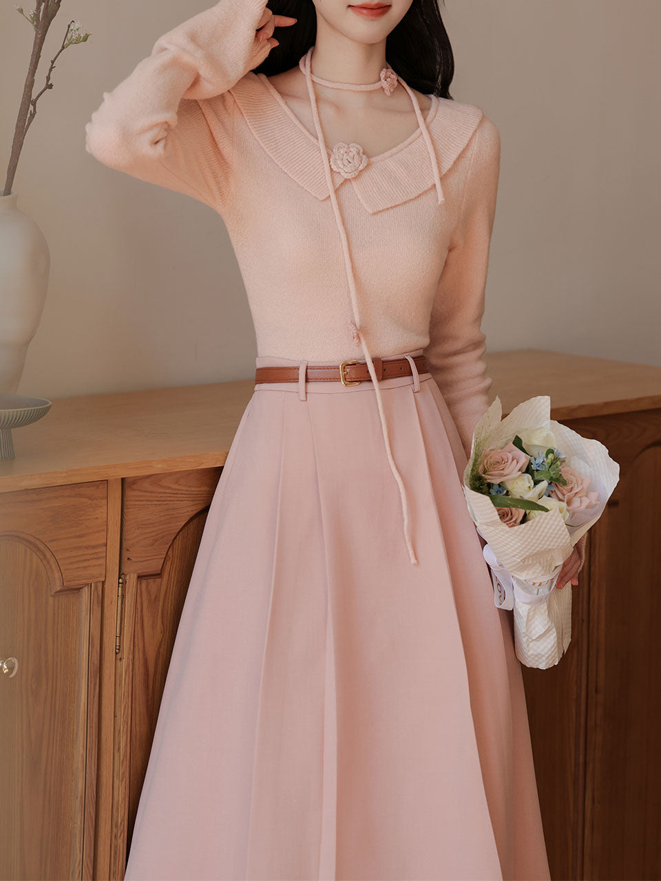 2PS Pink Rose V Neck Sweater And Swing Skirt Vintage outfit