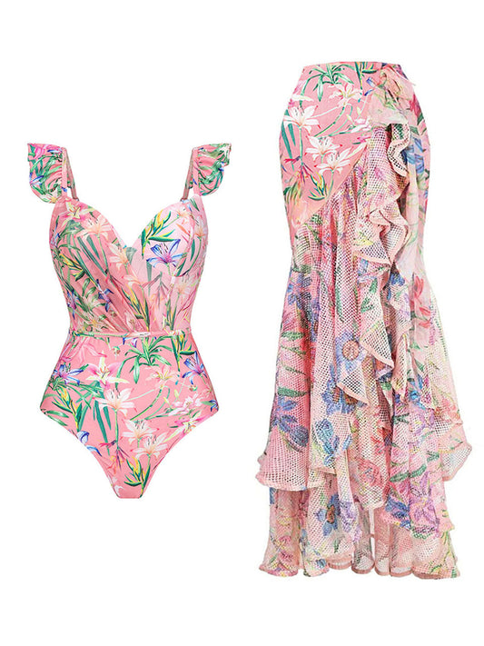 Pink Lace Ruffles Flowers One-piece Swimsuit With Bathing Suit Swing Skirt