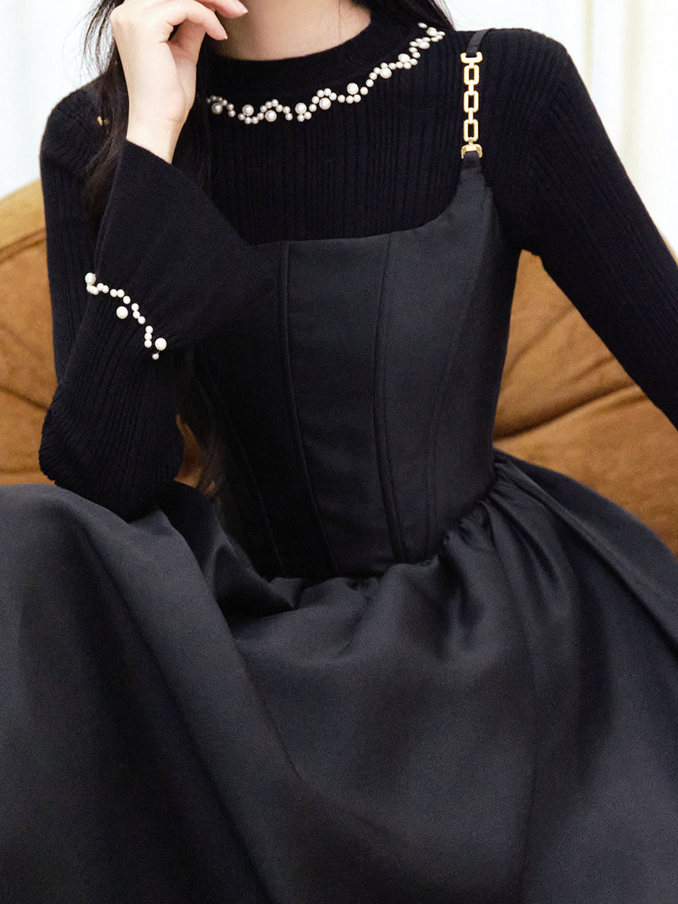 2 Piece Black Retro Suspender Dress with Black Hand Sewn Pearls Sweater