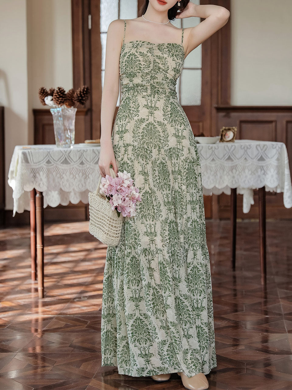 Green Bohemian Floral Print Chiffon Maxi Dress Prom Dress With Cardigan